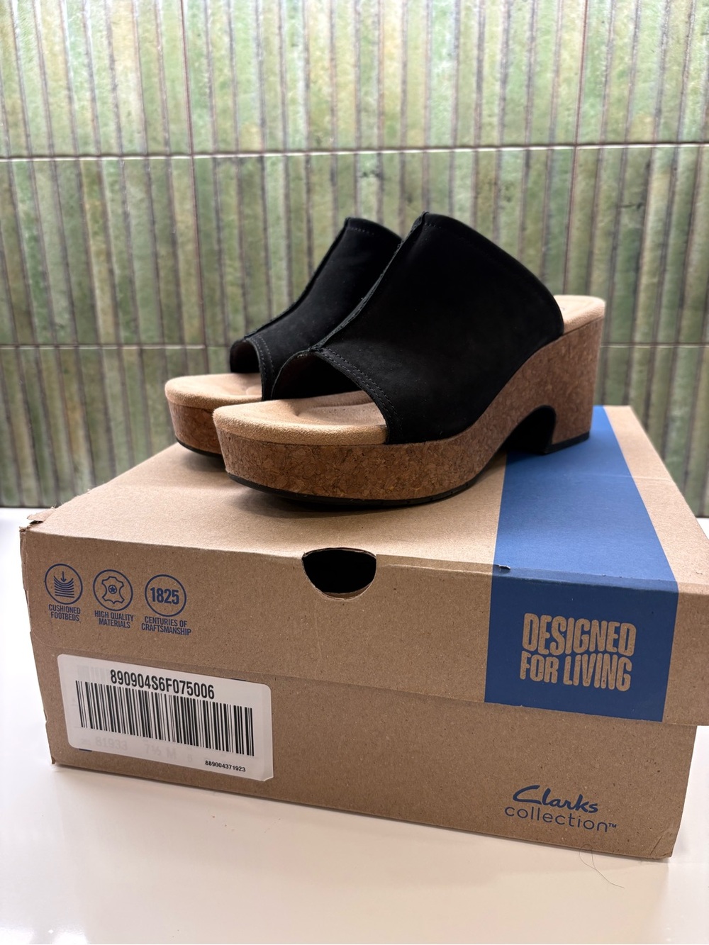 Clarks Black Suede Cork-Platform Slide Mules